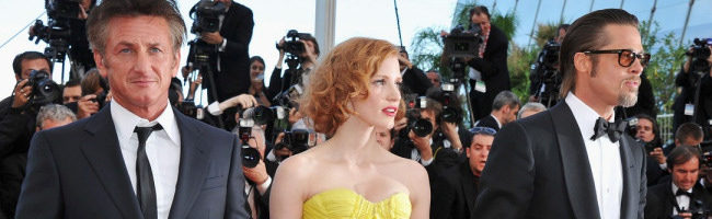 Sean Penn, Jessica Chastain y Brad Pitt presentando El arbol de la vida en Cannes