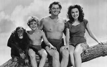 Cheetah, Johnny Weissmuller y Maureen O'Sullivan en Tarzan